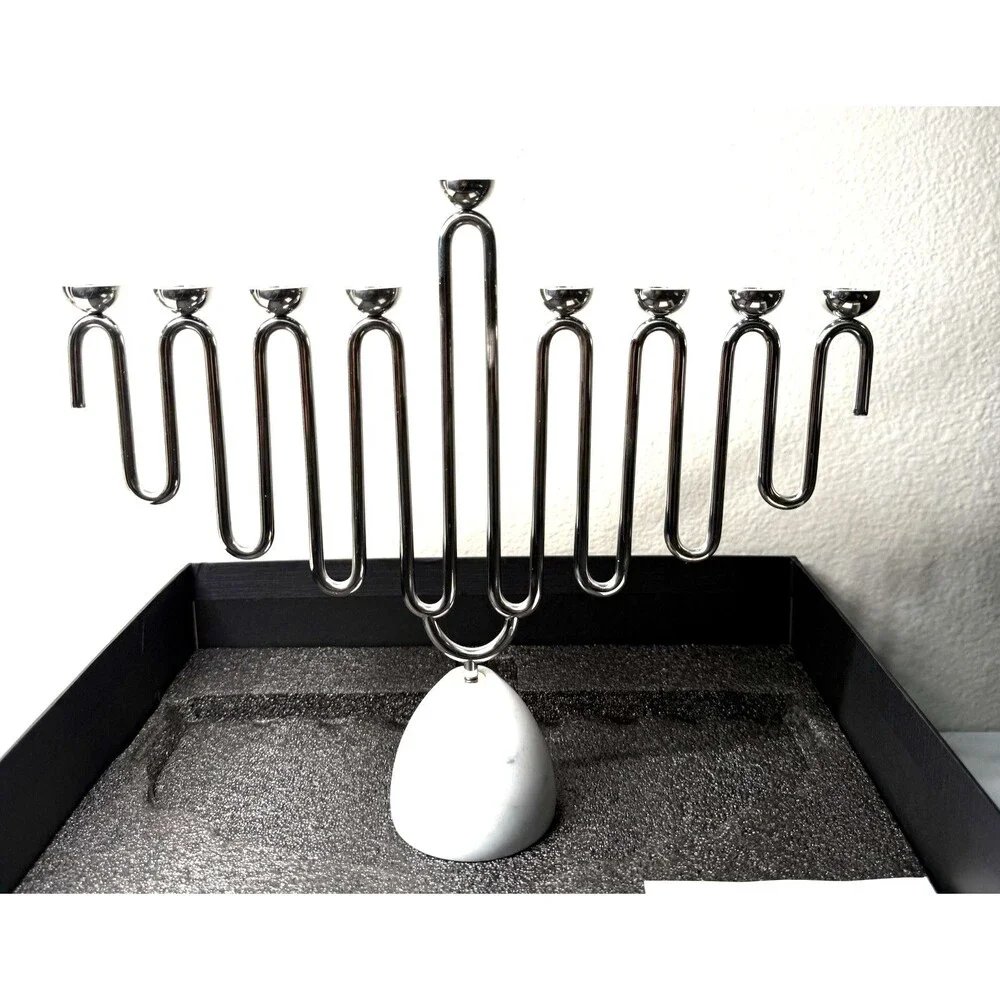 ANNA New York Coluna Silver & Carrara Marble Menorah Modern Hanukkah Holder